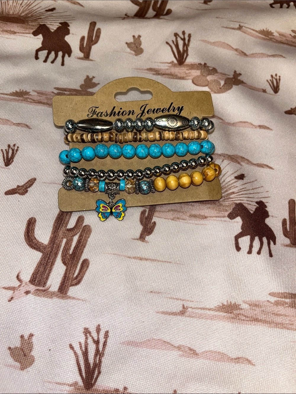 Fashion Jewelry Turquoise and Yellow Beaded Bracelet Stack with Butterfly Charm